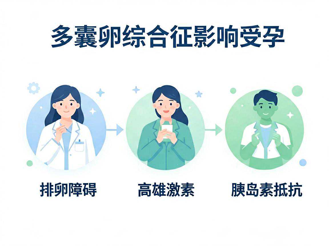 多囊卵巢综合征影响受孕的三大机制:排卵障碍、高雄激素、胰岛素抵抗示意