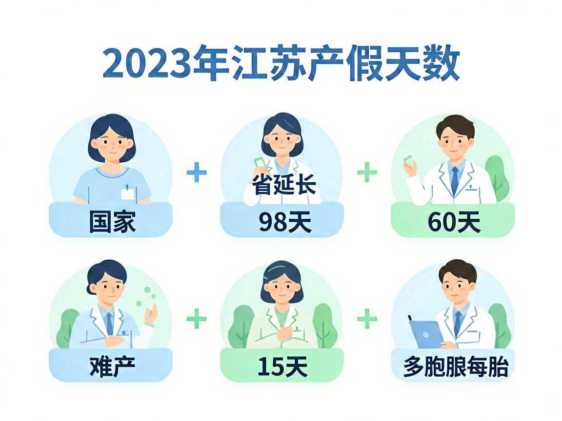 2023年江苏产假天数构成图:98天国家+60天省延长=158天基础,难产+15天,多胞胎每胎+15天