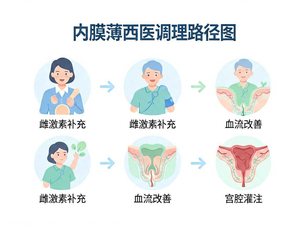 内膜薄西医调理路径图：雌激素补充→血流改善→宫腔灌注