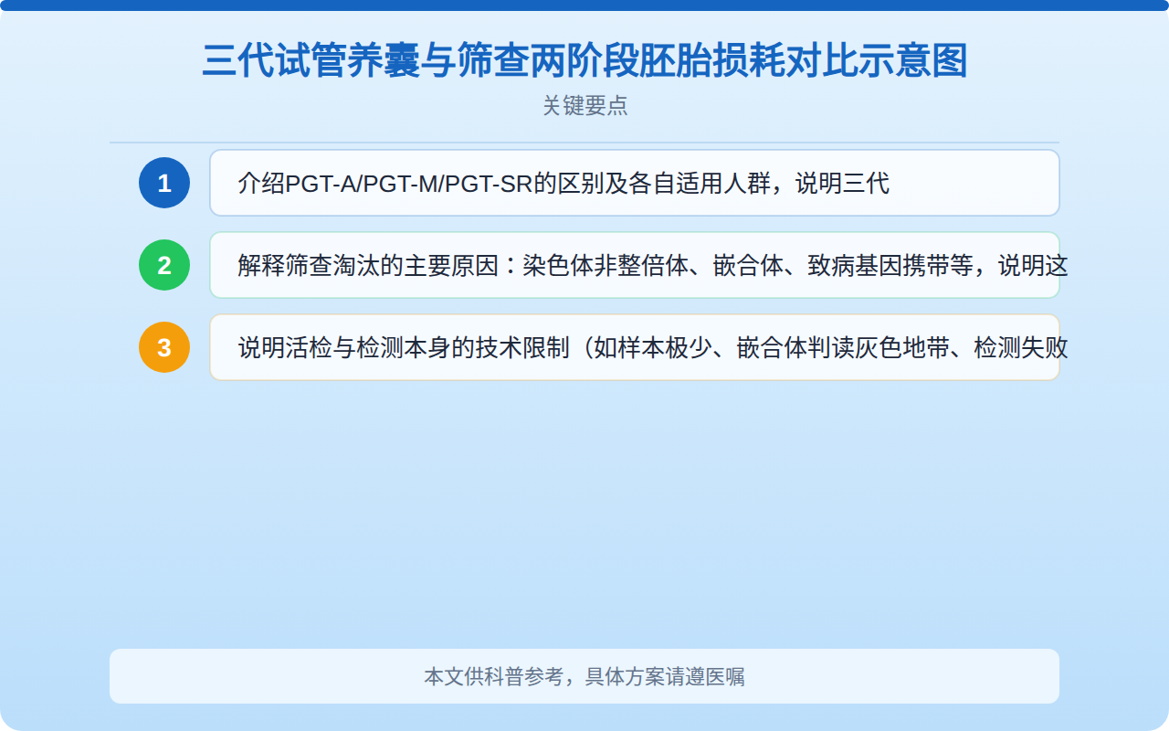 三代试管养囊与筛查两阶段胚胎损耗对比示意图