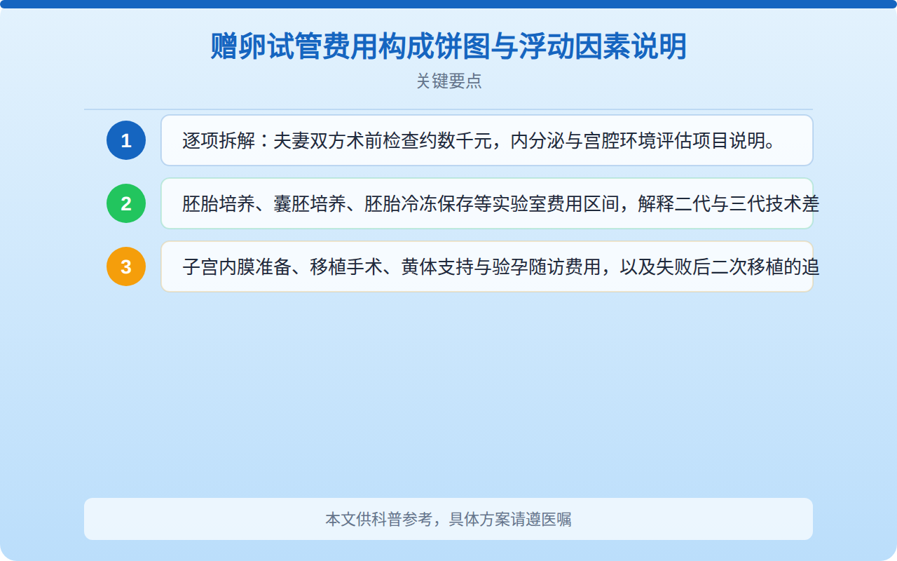 赠卵试管费用构成饼图与浮动因素说明