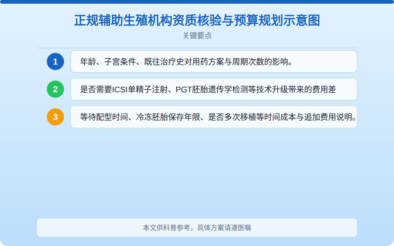 正规辅助生殖机构资质核验与预算规划示意图