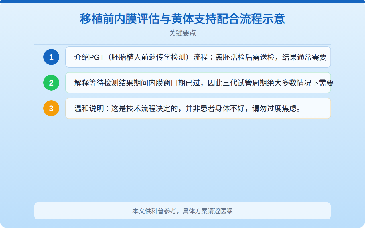 移植前内膜评估与黄体支持配合流程示意