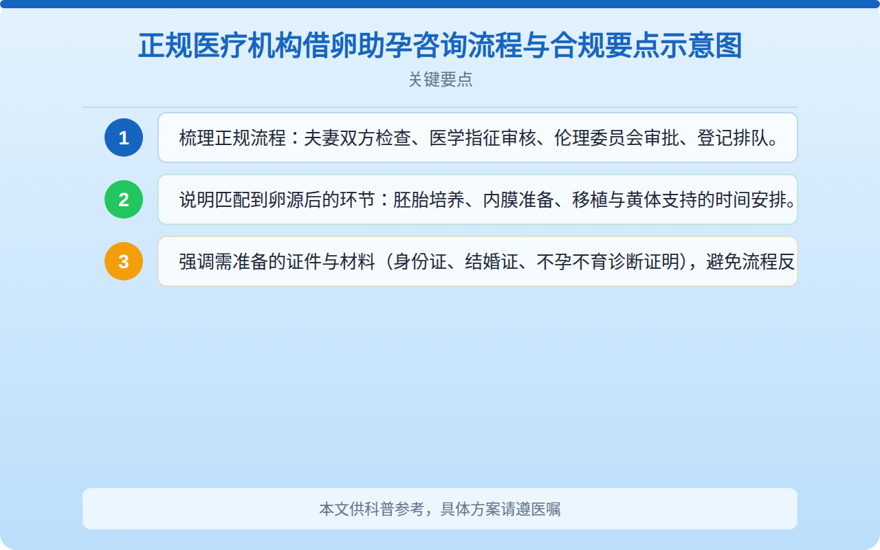 正规医疗机构借卵助孕咨询流程与合规要点示意图