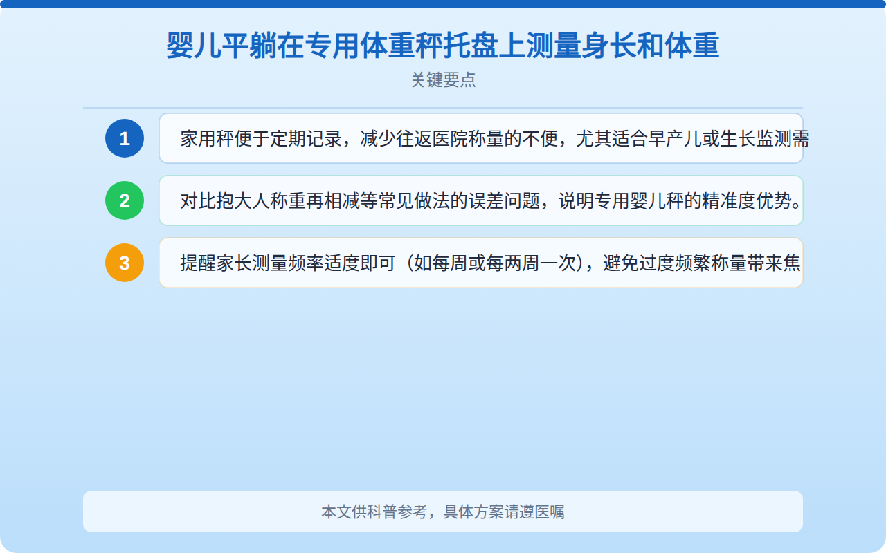 婴儿平躺在专用体重秤托盘上测量身长和体重