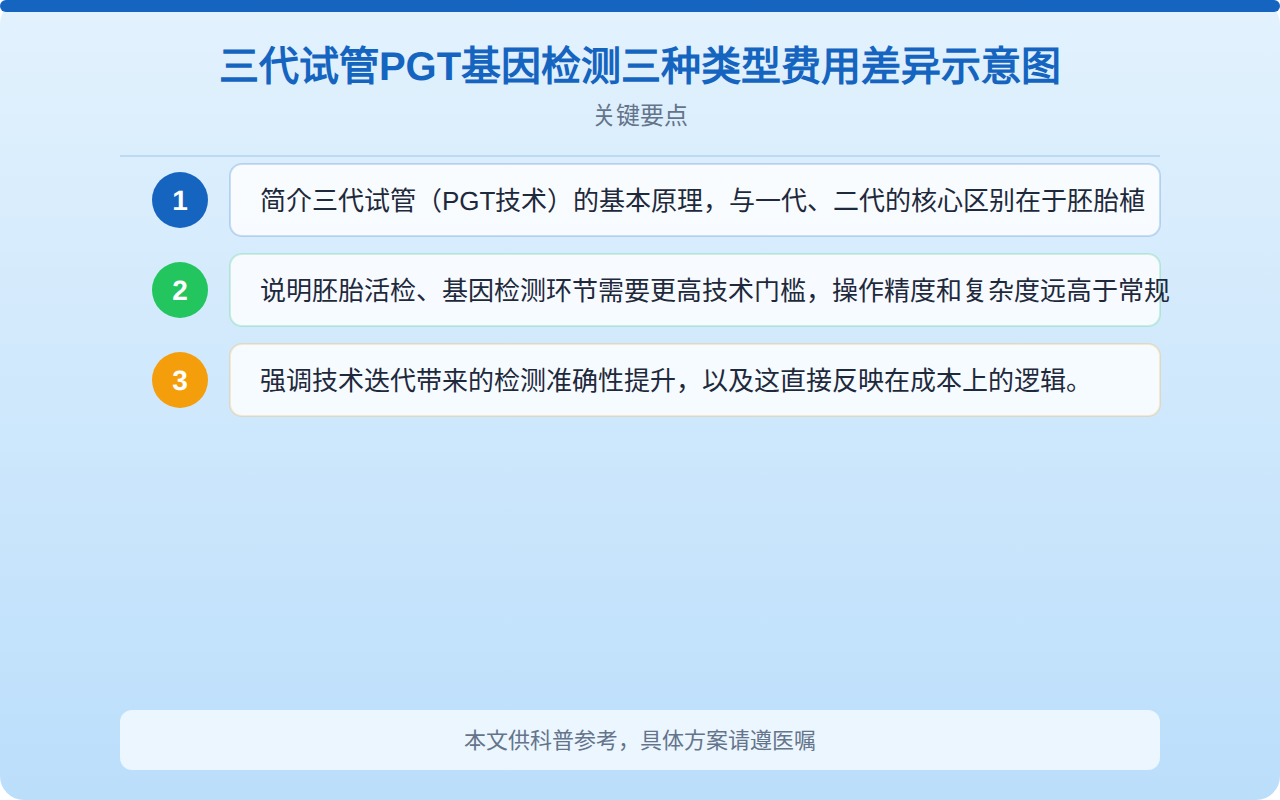 三代试管PGT基因检测三种类型费用差异示意图
