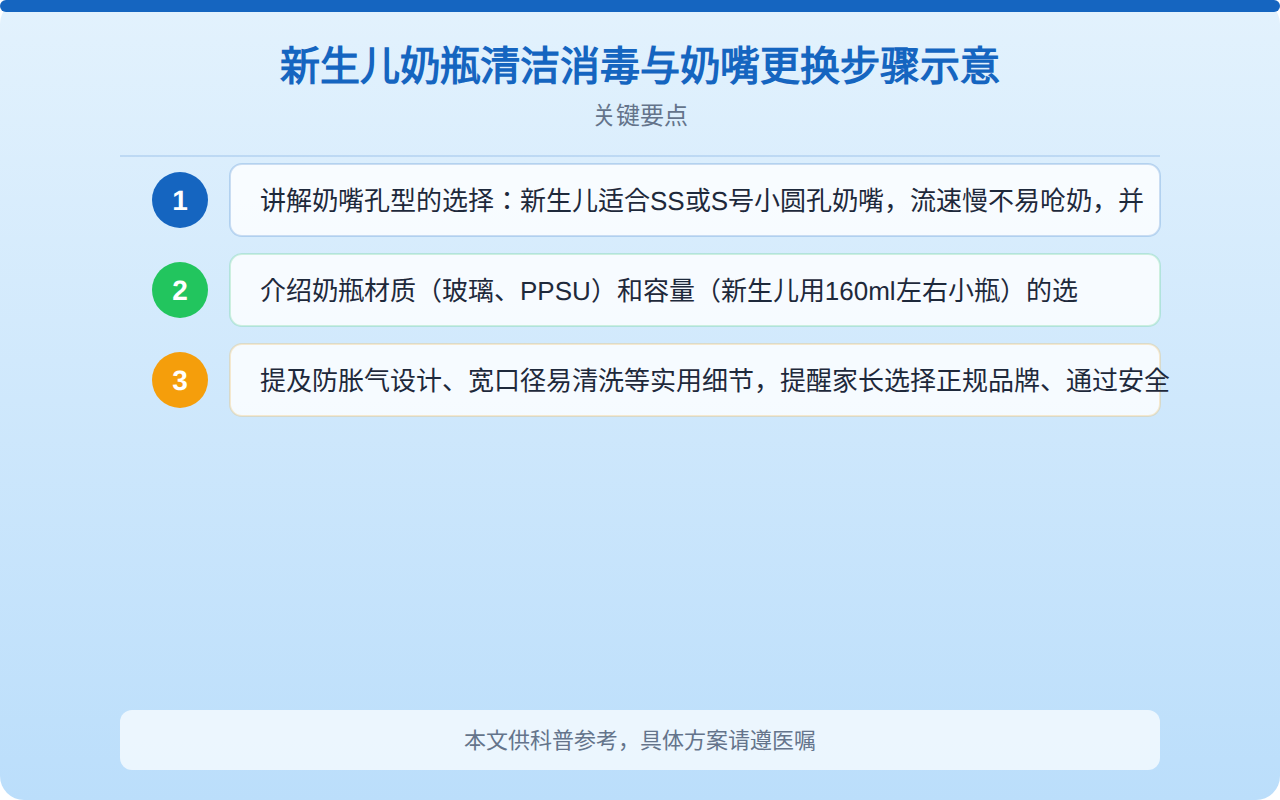 新生儿奶瓶清洁消毒与奶嘴更换步骤示意
