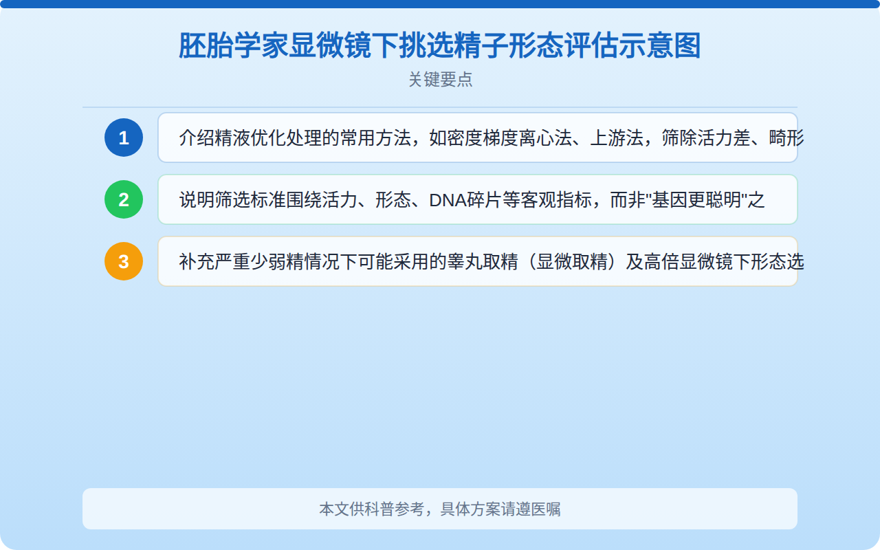 胚胎学家显微镜下挑选精子形态评估示意图
