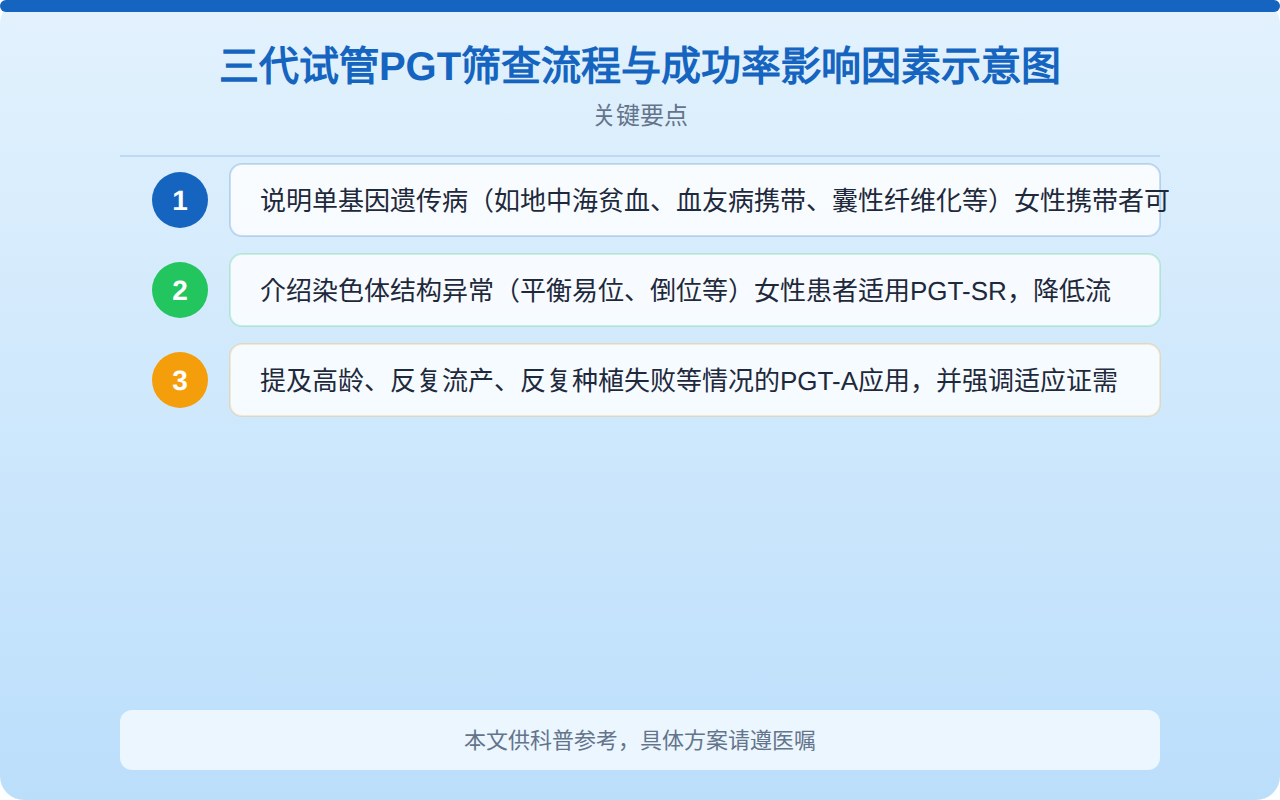 三代试管PGT筛查流程与成功率影响因素示意图