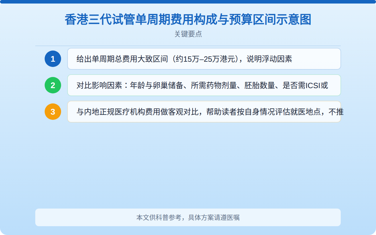 香港三代试管单周期费用构成与预算区间示意图