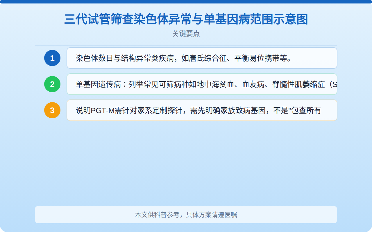 三代试管筛查染色体异常与单基因病范围示意图