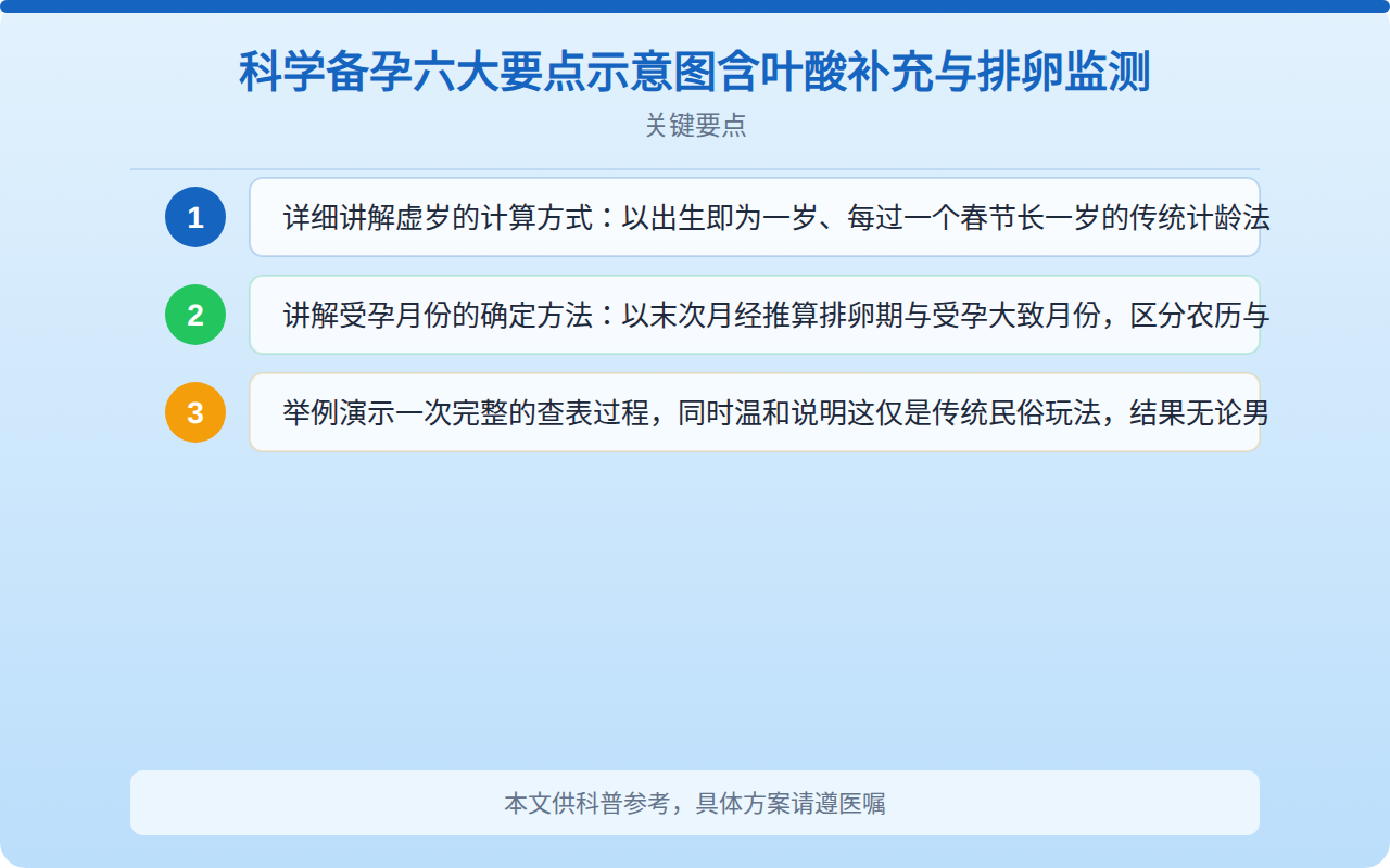 科学备孕六大要点示意图含叶酸补充与排卵监测